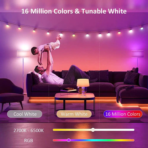 Smart WiFi RGB CW LED Bulbs 13W 1300LM 3 Pack Works With Alexa And Google Assistant 2700K To 6500K lit in a living room
