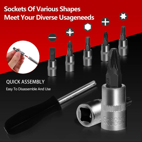 Durable 94 Piece Mechanics Tool Set With Metric And Standard Sockets including various socket shapes and quick assembly features.