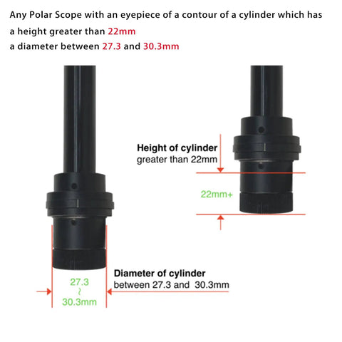 Rock Solid Right Angle Viewfinder With Metal Adapter For Polar Scope, showing cylinder measurement details and dimensions.