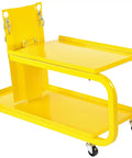 HEAVY DUTY YELLOW POWDER COATED STEEL WELDING CART WITH SMOOTH ROLLING CASTERS AND SLANTED WORK SURFACE mobile view with red wheel