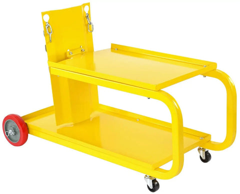 HEAVY DUTY YELLOW POWDER COATED STEEL WELDING CART WITH SMOOTH ROLLING CASTERS AND SLANTED WORK SURFACE mobile view with red wheel