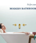 Two Handle Widespread Wall Mount Bathtub Faucet In Brushed Gold Solid Brass Tub Faucet with 3 Hole Rough In Valve and 9.8 Inch Spout