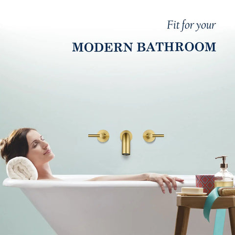 Two Handle Widespread Wall Mount Bathtub Faucet In Brushed Gold Solid Brass Tub Faucet with 3 Hole Rough In Valve and 9.8 Inch Spout