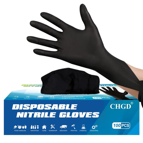Heavy Duty Black Nitrile Disposable Gloves 100 Count 6 Mil Extra Thick Latex Free Textured Roll Cuff Medical Grade Exam Wear For Garage Hustle And Household Tasks Large Fit Badass Grip showing gloved hand and packaging.