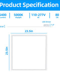 Specifications for 4 Pack 2x2 Ft LED Troffer Flat Panel Light 45W, 5800 Lumens, 5000K White, 0-10V Dimmable, 100-277V, ETL Listed