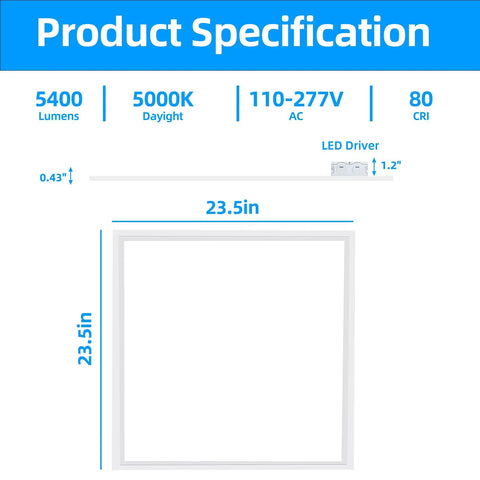 Specifications for 4 Pack 2x2 Ft LED Troffer Flat Panel Light 45W, 5800 Lumens, 5000K White, 0-10V Dimmable, 100-277V, ETL Listed