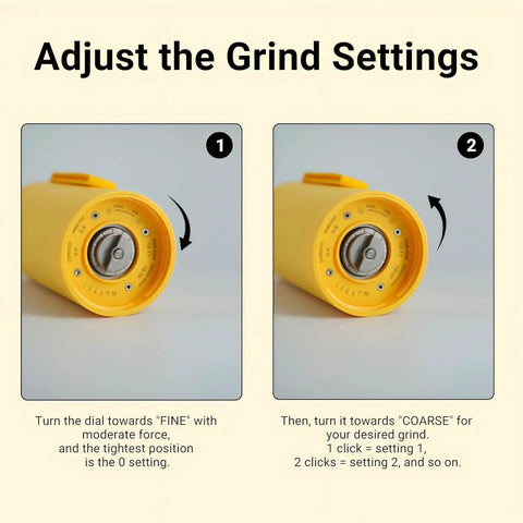 Nuttii&Timemore OX Electric Coffee Grinder Portable Conical Burr design showing dial adjustments for grind settings