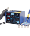 2 In 1 Soldering Rework Station With Hot Air Gun And Iron LED Display For Desoldering And DIY Battery Pack Making A Dope Low Noise Space Saving Workhorse With Advanced SMD Technology, featuring blue case and various nozzles.