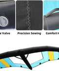 Close-up of inflatable surf wing with intake valve, precision sewing, and comfort handle for efficient use