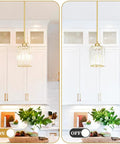Brushed Gold Crystal Pendant Light With Adjustable Rods And Sloped Ceiling Mount No Sweat Install Super Smooth Hang Straight Up Elegant Lamp For Kitchen Island Dining Space E26 Base, on and off display.