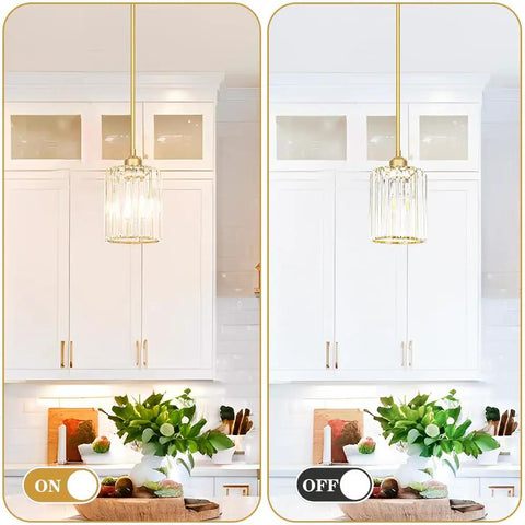Brushed Gold Crystal Pendant Light With Adjustable Rods And Sloped Ceiling Mount No Sweat Install Super Smooth Hang Straight Up Elegant Lamp For Kitchen Island Dining Space E26 Base, on and off display.