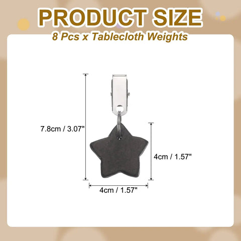 Eight Piece Tablecloth Weights With Metal Clips And Star Shaped Pendant Stones 4x4cm Black Durable Marble Look Great For Outdoor Parties Picnics And Garden Table Decor Keeps Linens In Place shown with measurements.