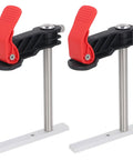 Two Pack Heavy Duty Stainless Steel Hold Down Clamps Featuring Slick Quick Release For Tough As Nails Woodworking Grip Zero Slip Safety And Smooth Operation On Any Workbench Table, showing red lever and metal base.
