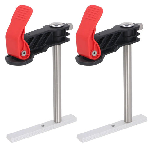 Heavy Duty Stainless Steel Hold Down Clamps For Woodworking Benchtop Setup With Quick Release Mechanism and No Sweat Operation, side view with red handles
