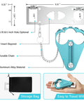 Image showing dimensions and components of the Portable Door Lock For Hotel And Apartment Security Heavy Duty Aluminum And Stainless Steel Travel Latch Bolt Easy To Install On Door Prevent Unauthorized Entry And Keep Your Privacy While On The Go Blue, including a storage bag and hand holding the lock.