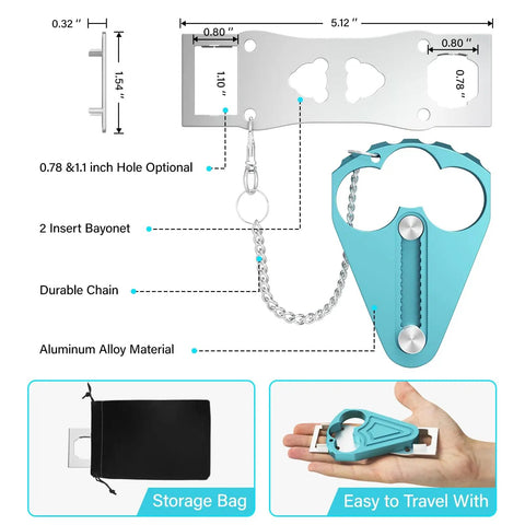 Image showing dimensions and components of the Portable Door Lock For Hotel And Apartment Security Heavy Duty Aluminum And Stainless Steel Travel Latch Bolt Easy To Install On Door Prevent Unauthorized Entry And Keep Your Privacy While On The Go Blue, including a storage bag and hand holding the lock.