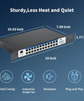 24-Port Workhorse Gigabit Ethernet Switch With Plug And Play Setup, Smart Managed, shown with dimensions and key features.