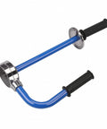 Heavy Duty Manual Wrapping Tool And Stretch Film Dispenser With Hella Comfortable Black Handles For No Sweat Packing and Zero Hand Fatigue During Busy Warehouse Shifts And Fast Box Sealing, blue alloy frame with black grips.