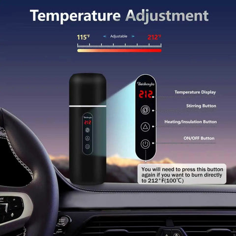 On The Go 12V/24V Car Travel Kettle With 420ml Capacity, Magnetic Stirring, showing temperature adjustment and control buttons