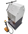 Top Shelf Electric Round Bending Machine featuring reversible foot pedal control, adjustable upper roll, 220V single phase.
