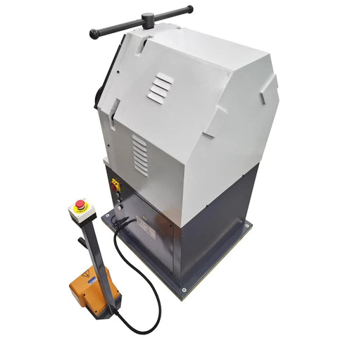 Top Shelf Electric Round Bending Machine featuring reversible foot pedal control, adjustable upper roll, 220V single phase.