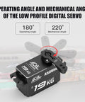 Beefy 19KG High Speed Brushless RC Steering Servo With Full Metal Gear, showing 180-degree operating and 220-degree mechanical angle.