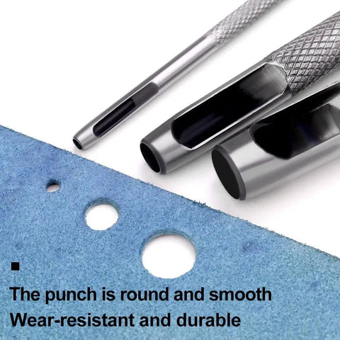 19mm Round Hollow Leather Punch Tool for Crafting, durable carbon steel cutter with knurled handle, shown with leather holes