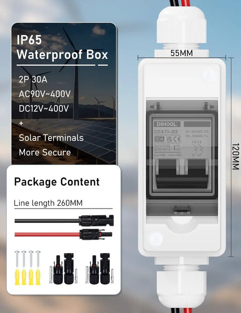 Rugged Outdoor Solar Panel Disconnect Switch 30A 2-Pole DC Circuit Breaker Non-Polarized 12V-400V IP65 Waterproof AC Disconnect Box