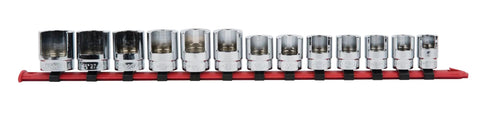 Three Eighth Inch Drive Weatherhead Socket Master Set 13 Piece SAE Sockets For Weatherhead Fittings And 90 Degree Elbows on plastic rail.