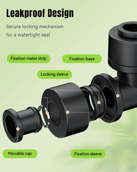 Pawfly 40-pcs quick-connect drip irrigation fittings kit for 1/4" tubing, black plastic push-to-fit connectors, side exploded view