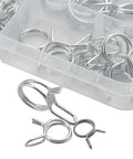 70 Piece Double Wire Fuel Line Hose Clamp Set With Stainless Steel Spring Clips in box, fits 6 to 18mm, close-up view