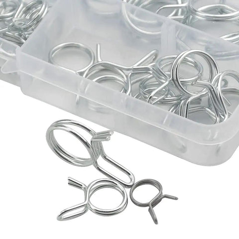 70 Piece Double Wire Fuel Line Hose Clamp Set With Stainless Steel Spring Clips in box, fits 6 to 18mm, close-up view