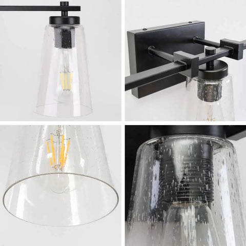 Close-up of Vintage Industrial 3 Light Vanity Sconce in Black with Bubble Glass Shades and wrought iron for bathroom.