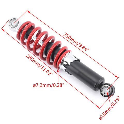 250mm Front And Rear Suspension Spring For 70cc To 125cc ATV Go Kart Buggy Dirt Bike Pit Bike Shock Absorber With Threaded Mount For Quick Install And Easy Height Adjustment Plus Preload Tuning To Boost Stability On Road And Trail.