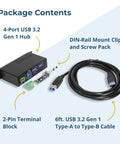 Package contents of Heavy Duty Four Port USB 3.0 Hub Drives Serious 5Gbps Speeds, including cables and mounting accessories.