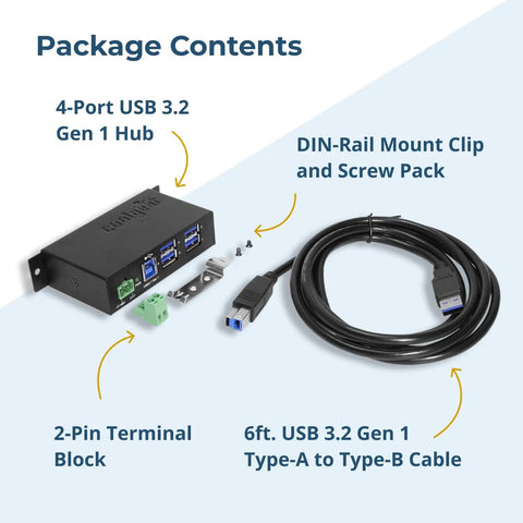 Package contents of Heavy Duty Four Port USB 3.0 Hub Drives Serious 5Gbps Speeds, including cables and mounting accessories.
