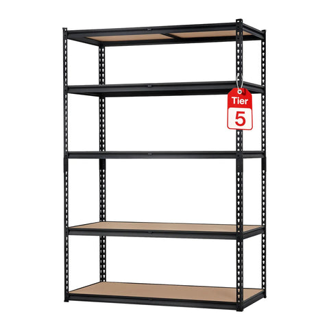 Heavy Duty Five Tier Metal Shelving Unit With Reinforced Steel Frame And Adjustable Thick Mdf Shelves Rock Solid Garage Storage Rack side view showcasing Tier 5.