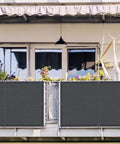 Dark Grey Balcony Privacy Screen Fence Cover 3x10 Feet HDPE UV Protected Weather Resistant Shield for outdoor use installed on balcony
