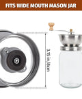 Wide Mouth Mason Jar Coffee Grinder Lid Attachment With Ceramic Burrs on mason jar, showing side view and dimensions
