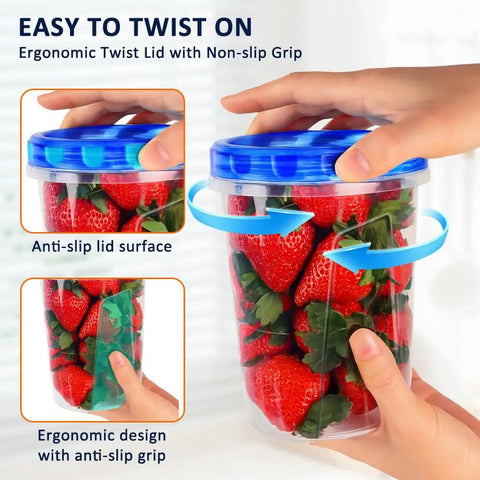 Hands using 34 Oz Reusable Freezer Safe Food Storage Containers 10 Pack With Twist Top Lids Airtight Meal Prep Containers For Leftovers Grab And Go Lunches Salad Oats Fruit Microwave Safe Plastic, filled with strawberries.