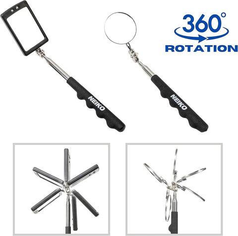 Front view of NEIKO 20736A six-piece magnetic tool and telescoping mirror set with round and rectangular mirrors