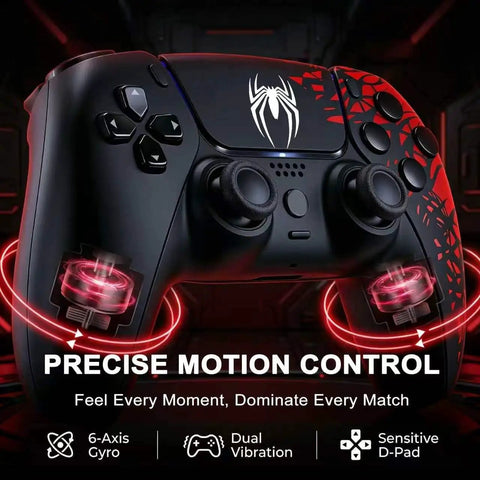 Wireless PS5 Controller With Dual Vibration And Motion Sensor featuring a spider logo, black and red design, precise motion control.