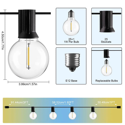 Diagram of Outdoor LED String Lights 100 Ft with Dimmable, Shatterproof Bulbs, showing bulb size, E12 base, and socket details
