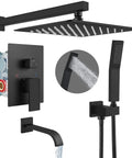 All In One Matte Black Shower System With 10 Inch Rain Shower Head And Handheld Spray, Wall Mount Tub Spout, Rough In Valve, And 3 Function Mixer Faucet For Modern Bathrooms, showing all components