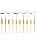 10 Pcs Micro Drill Bit Set 0.2mm to 1.1mm With 1 Eighth Inch Shank Spiral Flute CNC Router Bits aligned in a row.