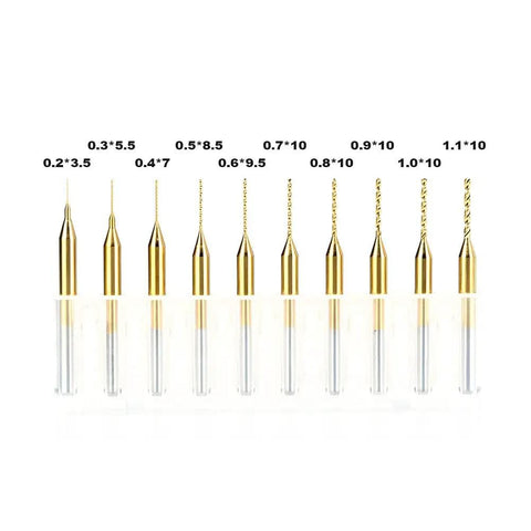10 Pcs Micro Drill Bit Set 0.2mm to 1.1mm With 1 Eighth Inch Shank Spiral Flute CNC Router Bits aligned in a row.