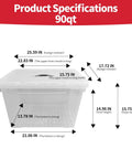 Product specifications for Big Boss 90 Quart Clear Plastic Storage Bins 8 Pack With Snap On Lids, including dimensions for organization.