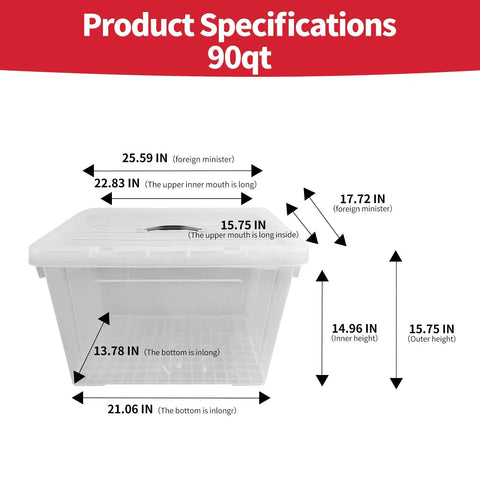Product specifications for Big Boss 90 Quart Clear Plastic Storage Bins 8 Pack With Snap On Lids, including dimensions for organization.