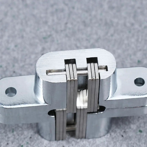 Concealed Cross Hinges Set Of Two In 304 Stainless Steel for table and counter doors, close-up of hinge mechanism.
