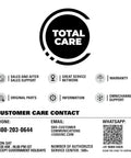 Total Care customer service contact information with icons for support, warranty, original parts, and omnichannel services.